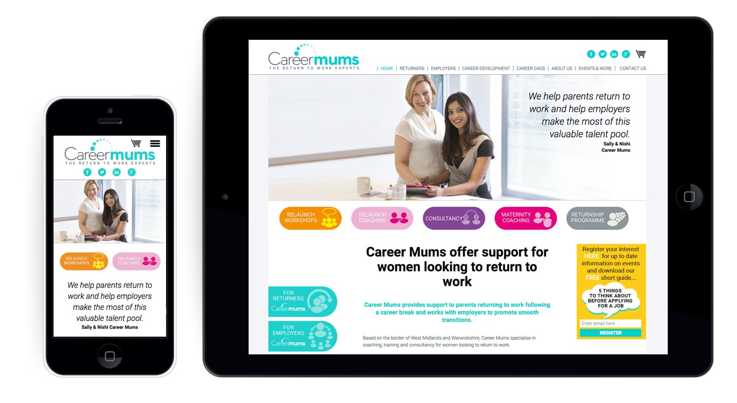 Career Mums Website tablet and phone layout