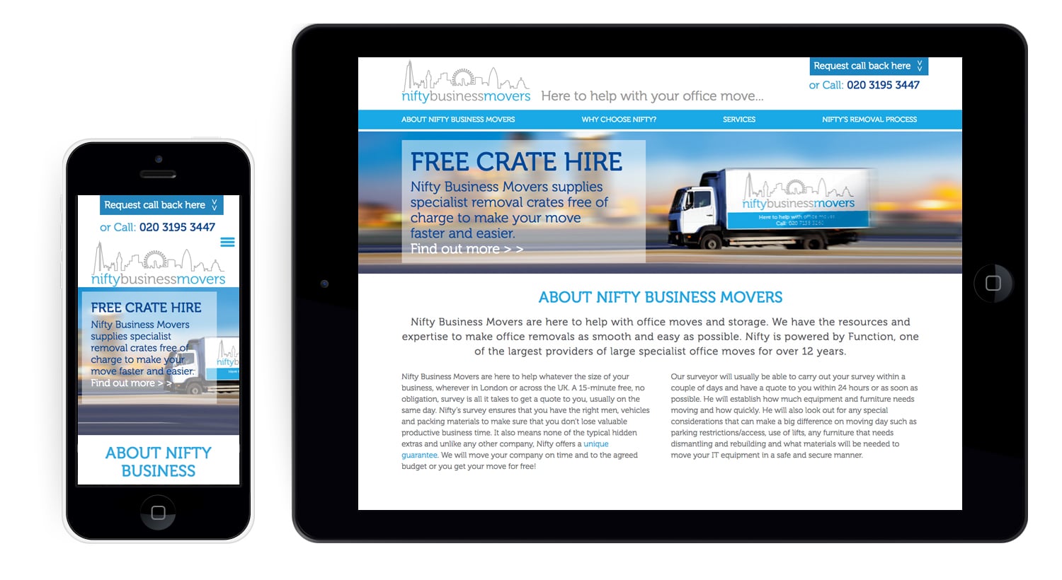 Nifty Business Movers Website tablet and phone layout