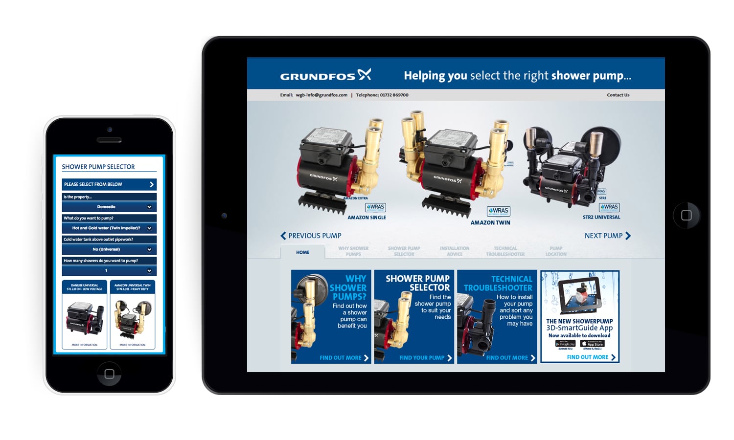 Grundfos shower pump selector website tablet and phone layout